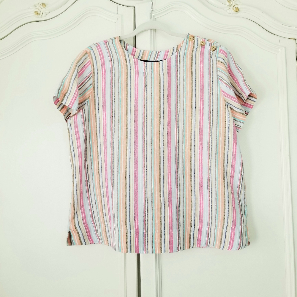 Lands End Multicolor Stripe Linen Short Sleeve Pullover Top Womens XL